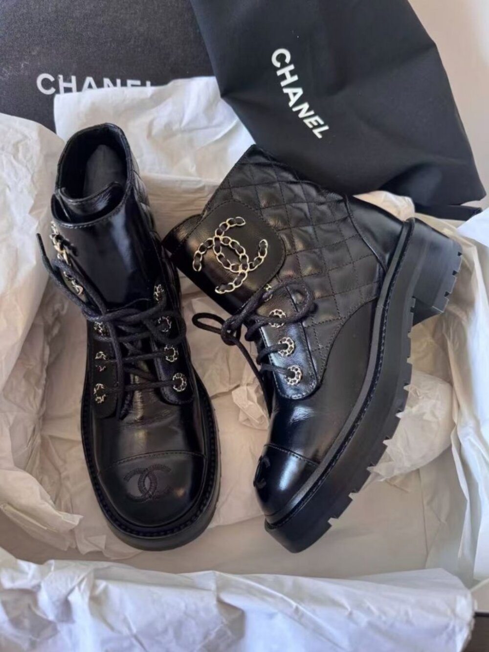 CHANEL Quilted Leather Combat Boots Interlocking CC Logo Lace Up Ankle Boots